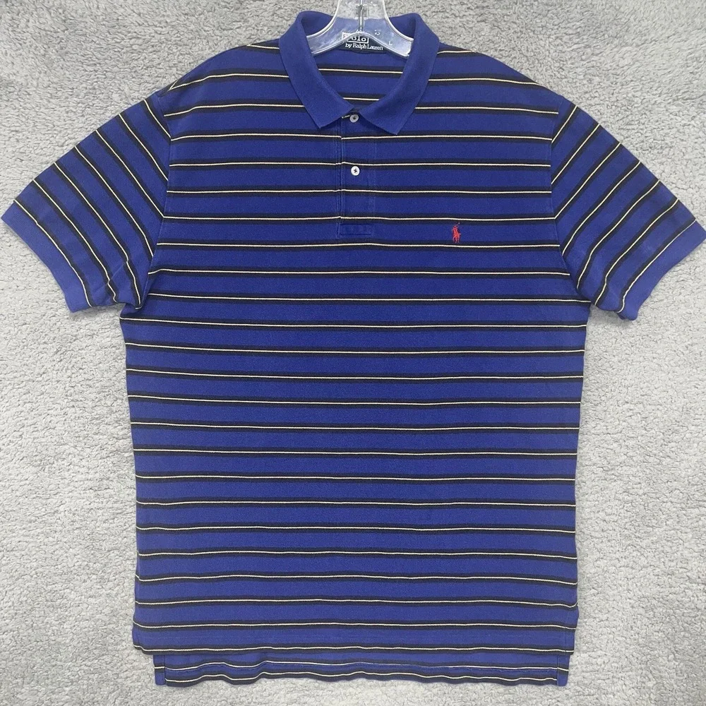 VTG Polo Ralph Lauren Shirt Men's Size L Blue Black Yellow Striped Red Pony Polo